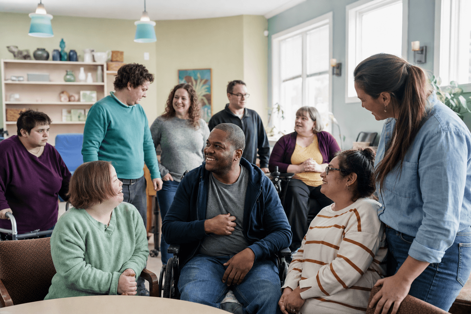 Staff and adults with intellectual and developmental disabilities gathered together in a warm, welcoming day program community room in Franklin Park, NJ