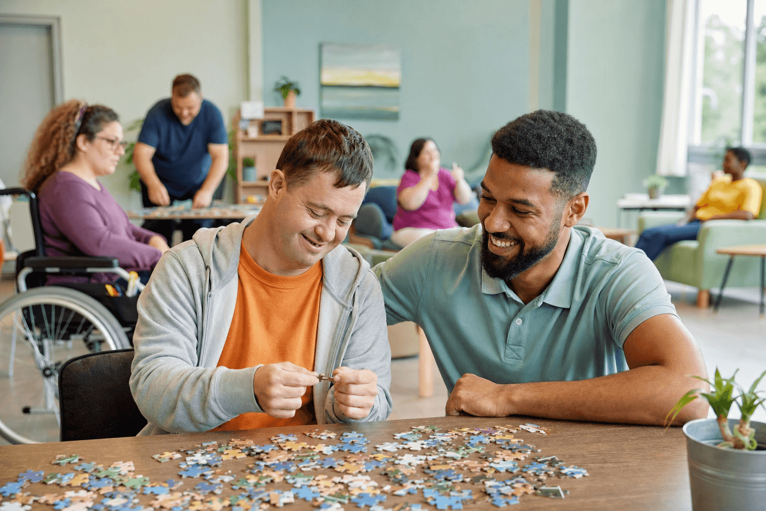 An adult with a developmental disability and a caring staff member smiling together during a day program activity in Franklin Park, NJ