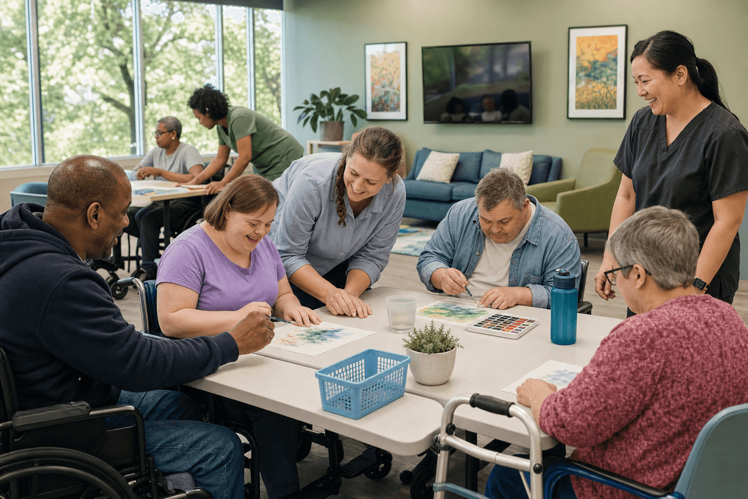 Adults with intellectual and developmental disabilities taking part in respite at Folak Adult Social Day Program in Franklin Park, NJ